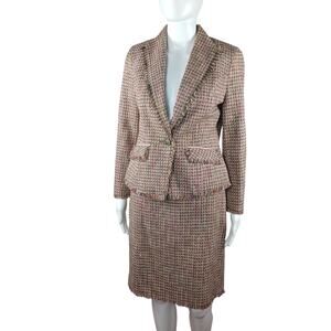 Size 2P 4P Sigrid Olsen Sport Pink Gold Tan Tweed Jacket Skirt Set Cotton Blend